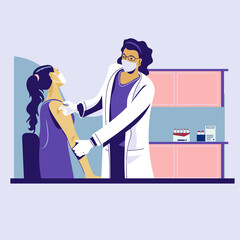 Doctor wearing face medical mask doing injection of virus vaccine to woman patient