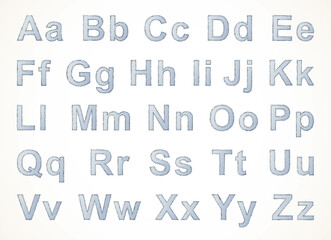 Vector drawing font isolated on white background. Uppercase and lowercase letters of the Latin alphabet