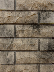 Solid piece of beige brick wall. brickwork for background or texture, dark spots on brickwork