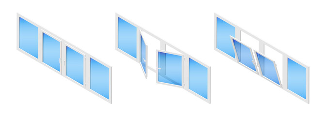 Isometric vector illustration plastic windows isolated on white background. Isometric vector diagram showing a casement window in three different positions: closed, tilted open and swung fully open.