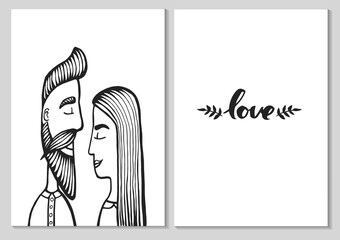 cards of cute couple. Doodle. Vector Illustration Hand drawn cartoon character. Hipster man with mustache, beard with girl.