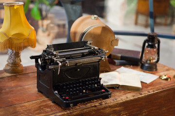 retro typing machine. Vintage typewriter and a blank sheet of paper, retro