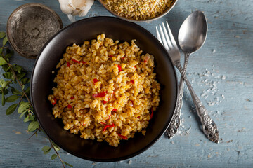 Bulgur pilaf with lentil (green, red and yellow) and vegetable. 