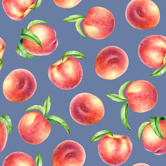 Seamless pattern with watercolor peach fruits and leaves