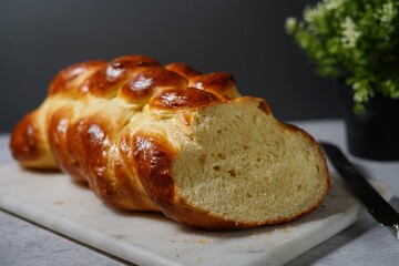 Homemade Challah bread, selective focus