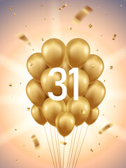 Obraz premium 31st Year anniversary celebration background. Golden balloons and confetti with sunbeams in background. 