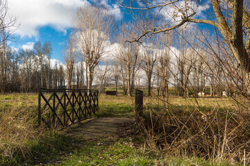 Little metal bridge crossing a small river