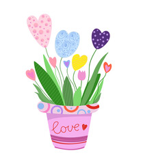 Illustration bright fantastic flowers in a pot with love. Home plants with heart. Décor for home. Valentine's Day flat design.