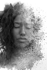 A black and white floral paintography portrait of a young woman with curly hair and closed eyes