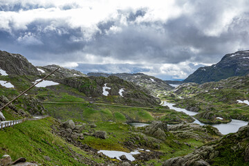 Rocky landscape with snow fields in Norway