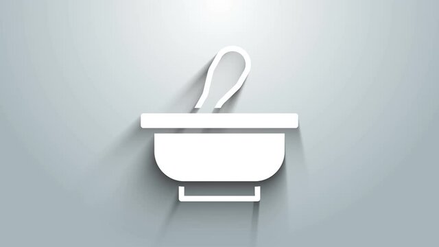 White Mortar and pestle icon isolated on grey background. 4K Video motion graphic animation