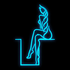 Bright luminous blue neon sign for a beauty salon spa sauna bath beautiful beautiful shiny beauty spa with a sitting woman with a slim figure and legs on a black background. illustration