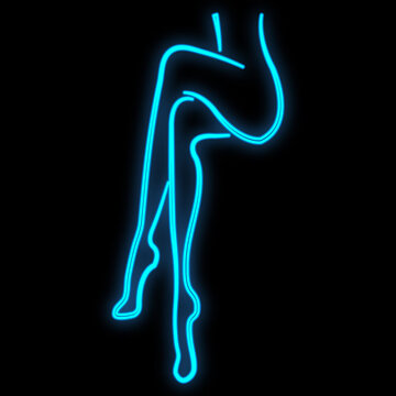 Bright luminous blue neon sign for a bar of a beauty salon beautiful shiny beauty spa with a sitting woman with a slim figure and legs on a black background.  illustration