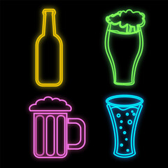 Set of bright luminous multi-colored neon signs for a cafe bar restaurant beautiful shiny with beer bottles and mugs on a black background. illustration