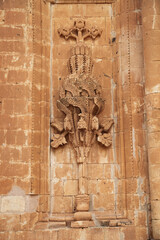 Stone carving on Ishak Pasha Palace at Dogubeyazit in Agri, Turkey. The palace is built on a hill at the side of a mountain 5 km east of Dogubeyazit.