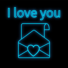 Bright luminous blue festive digital neon sign for shop or greeting card beautiful shiny with love letters with hearts and the inscription I love you on a black background. illustration
