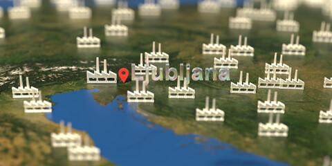 Ljubljana city and factory icons on the map, industrial production related 3D rendering