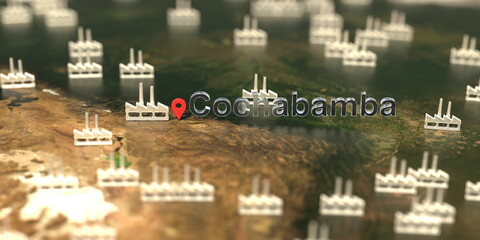 Factory icons near Cochabamba city on the map, industrial production related 3D rendering