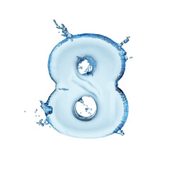 Digit 8 water splash alphabet isolated on white. 3D rendering illustration.