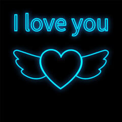Bright luminous blue festive digital neon sign for a store or card beautiful shiny with love wings with a heart on a black background with the inscription I love you. illustration