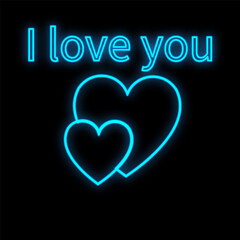 Bright luminous blue festive digital neon sign for a store or card beautiful shiny with love hearts and the inscription I love you on a black background.  illustration