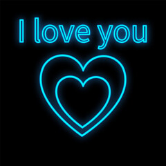 Bright luminous blue festive digital neon sign for a store or card beautiful shiny with love hearts and the inscription I love you on a black background. illustration
