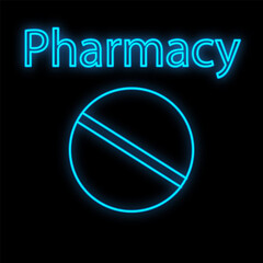 Bright luminous blue medical digital neon sign for a pharmacy or hospital store beautiful shiny with pills and capsules and the inscription pharmacy on a black background. illustration