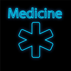 Fototapeta premium Bright luminous blue medical digital neon sign for a pharmacy or hospital store beautiful shiny with an ambulance sign and the inscription medicine on a black background. illustration