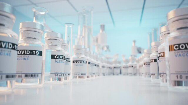 Covid 19 vaccine. Coronavirus covid-19 experimental vaccine. Ampoules with Covid-19 vaccine on a laboratory. 3d visualization