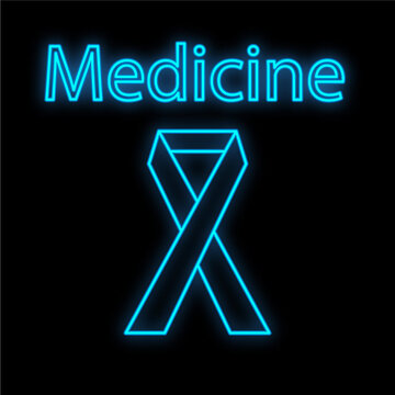Bright luminous blue medical digital neon sign for a pharmacy or hospital store beautiful shiny with a ribbon and the inscription medicine on a black background. illustration