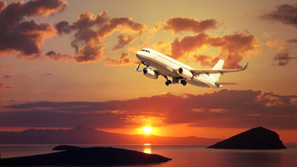 Fototapeta na wymiar HDR zoom photo of passenger airplane taking off near tropical exotic bay at sunset