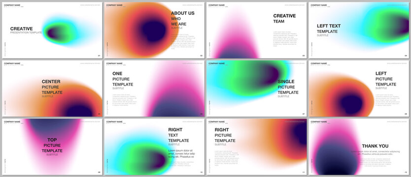 Presentation design vector templates, multipurpose template for presentation slide, flyer, brochure cover design, infographic report. Abstract blur shapes with iridescent colors soft effect gradients.
