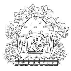 Cute cartoon little rabbit looks out the window in an Easter egg house surrounded by flowers outlined on white background