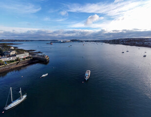 Fototapeta premium Falmouth harbour with boats aerial drone photography cornwall England uk 