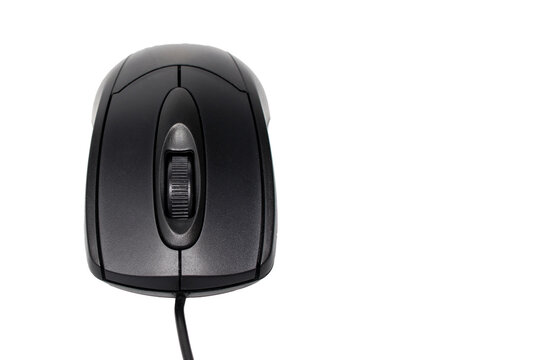The black wired usb computer mouse is edited on a white background With a place for text.