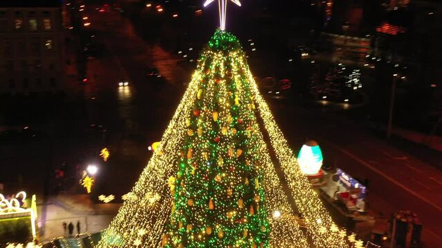 Illuminated Christmas tree on Sofia Square in Kyiv.