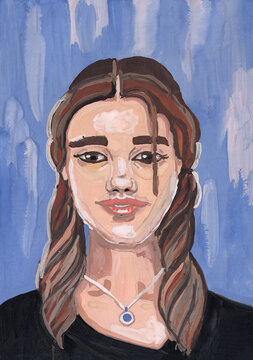 Hand drawn portrait of European girl in black blouse. Aged 18-25. Brown shoulder-length hair with blonde strands. Acrylic, oil and gouache painting. Blue textured background. For posters and postcards