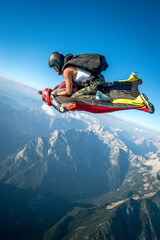 Tandem wingsuit fliers piggyback ride over mountains 
