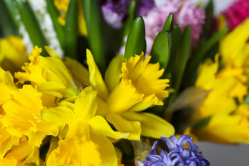 Bright bouquet of spring flowers. Narcisus, hyacinth and tulips close up.