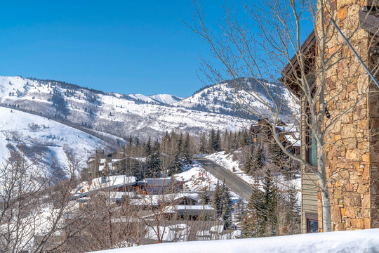 Park City Neighborhood Winter Scene Amidst Scenic Mountain Covered With Snow