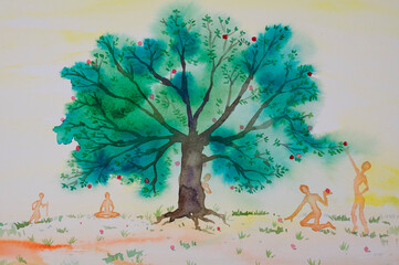 happy human group under a tree watercolor