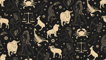 Seamless pattern - signs of the zodiac. Gold illustration of astrological signs on a dark background. Magical illustrations of women and animals in the blooming sky.