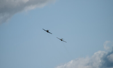 September 12, 2020, Kaluga region, Russia. Training aircraft Aero L-39 Albatros and Aero L-29 Delfin perform a training flight at the Oreshkovo airfield.