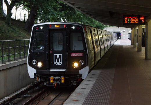 Metro train pulls into the station at White Flint metro station at Rockville/North Bethesda Maryland on July 4th 2017