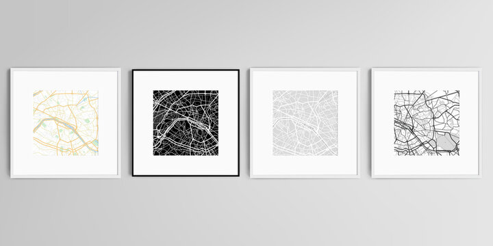 Realistic vector set of square picture frames isolated on gray background with urban city map of Paris.