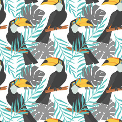 Seamless decorative pattern with toucan and tropical leaves. Hand drawn images. Trend of season on White background. Vector eps 10 illustration
