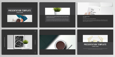 Vector layouts of presentation design templates for brochure, cover design, flyer, book design, magazine, poster. Home office concept, study or freelance, working from home.