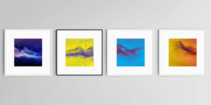 Realistic vector set of square picture frames isolated on gray background. Colorful wavy particle surface background for technology or science cyber space concept.