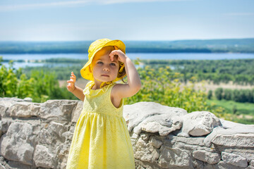 Portrait of adorable cute baby girl playing with flowers outdoors. Beautiful panoramic view on background. Pretty kid relaxing outside. Summer vacation. Toddler child in summer nature.