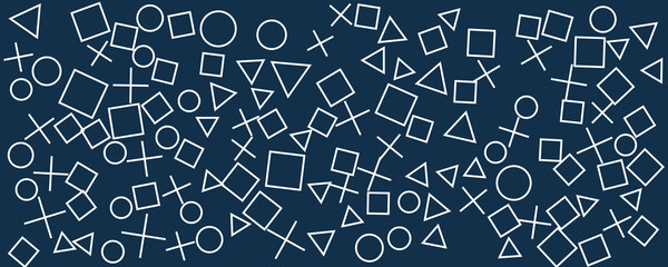 Blue pattern background with square triangle circle x and plus icon. 